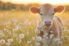 Calf In A Field Of Wildflowers At Sunset, A Young Cow Stands Amidst A Field Of Daisies, Bathed In The Warm Glow Of The Setting Sun.