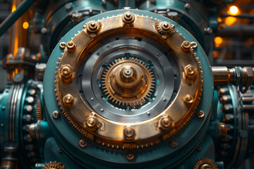 Wall Mural - Front view of a steampunk-themed mechanical gear arrangement with an open center for text. Concept of industrial nostalgia. Generative Ai.