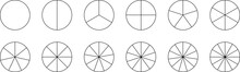 Fractions Pie Geometry Maths Mathematical Education Diagram. Circles Divided In Segments From 1 To 12 Isolated Vector Illustration