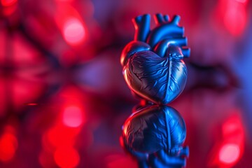 Canvas Print - heart model on reflective surface with red and blue lighting