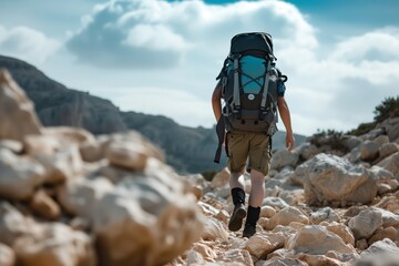 Wall Mural - traveler with a heavy backpack navigating rocky terrain