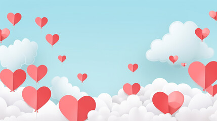 Wall Mural - valentines day sale background with heart balloons on blue sky background with clouds