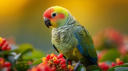 Wall Mural - A male Malabar Parakeet feeding on a rice grains in the fields on the outskirts of Shivmoga, Karnataka 