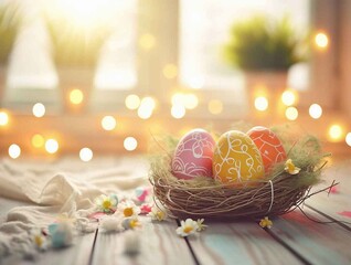 dreamlike hand drawing easter eggs in nest with warm and happy easter day theme