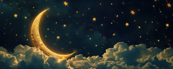 Golden crescent moon with stars and clouds on dark night sky background