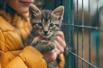 Canvas Print - A person volunteering at a local animal shelter, demonstrating care for animal welfare. Concept of volunteerism and animal rights advocacy. Generative Ai.