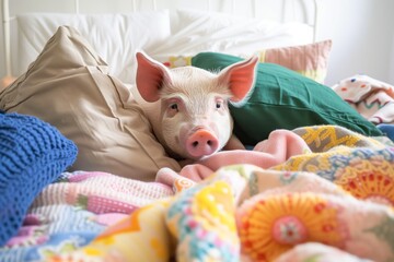 Poster - mini pig snuggled in bed with pillows and blankets