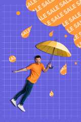 Sticker - Vertical collage brochure young happy man hold umbrella flying discounts rain sales special offer retail season checkered background