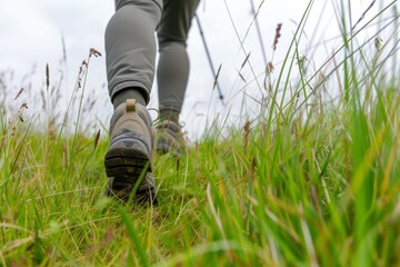 Wall Mural - nordic walker stepping through tall grass