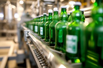 Poster - green bottles being labeled by machine on belt