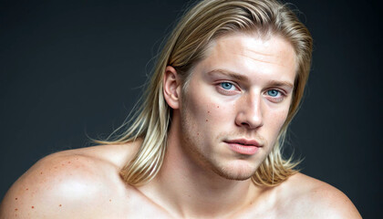 Headshot of an attractive, serious looking male student with long blond hair. A young Caucasian sporty man looking into the camera with a confident and thougthful expression on his face.