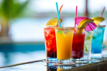 Sticker - closeup of colorful drinks on the bar with water backdrop