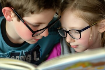 both wearing glasses, engrossed in a chapter book