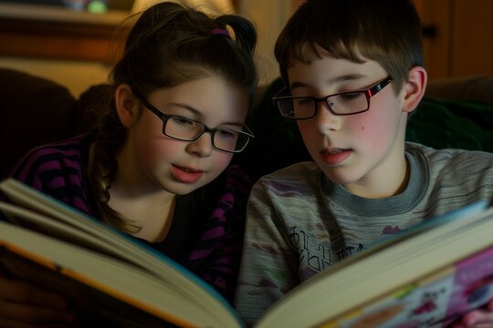 both wearing glasses, engrossed in a chapter book