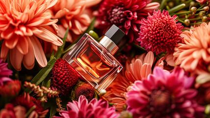 Wall Mural - Perfume bottle in flowers, fragrance on blooming background, floral scent and cosmetic product
