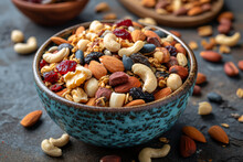 Homemade Trail Mix With Raw Nuts And Dried Fruits, A Nutrient-dense Snack For Energy. Concept Of Natural And Unprocessed Snacking. Generative Ai.