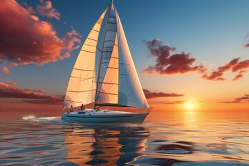 Wall Mural - Beautiful white sailing yacht in the ocean at sunset