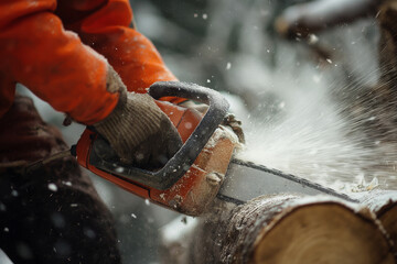 Chainsaw and Close-up of a lumberjack sawing sawdust with a chainsaw in motion.