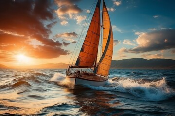 Wall Mural - Breathtaking view of a beautiful sailing yacht in the ocean during the stunning sunset