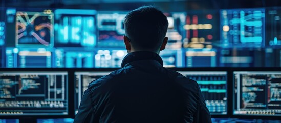 Canvas Print - Dark place with multiple displays captures close-up of working hacker orchestrating advanced virus attack on corporate servers from the back.