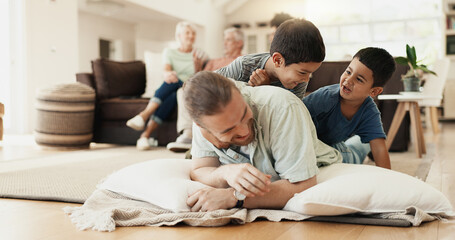 Wall Mural - Funny, playing and father with children on floor in home living room laughing at comedy, joke or humor. Happy, dad and kids having fun, bonding and enjoying family time together in adoption house.