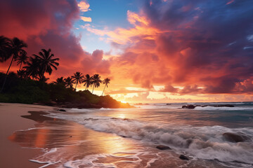 Wall Mural - palms on beach and sunset over sea