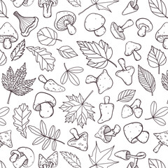 Wall Mural - Autumn leaves and mushrooms seamless pattern, cute hand drawn line style, black and white, monochrome, vector illustration