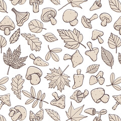 Wall Mural - Autumn leaves and mushrooms seamless pattern, cute hand drawn line style, black and white, monochrome, vector illustration
