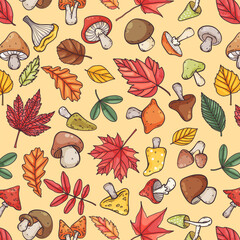 Wall Mural - Autumn leaves and mushrooms seamless pattern, cute cartoon line colorful style, vector illustration