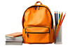 © Usama - Orange Backpack with Books and Color Pencils on a White or Clear Surface PNG Transparent Background.