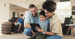 © HockleyMedia/peopleimages.com - Tablet, home and happy family parents, kid or people working on e learning, knowledge or helping son with studying. Elearning, remote online education and young child, mother and father bond together