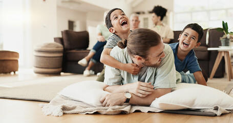 funny, playing and father with children on floor in home living room laughing at comedy, joke or hum