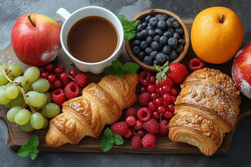 Canvas Print - A breakfast flat lay with fresh pastries, fruit, and a pot of coffee. Concept of gourmet breakfast and morning indulgence. Generative Ai.