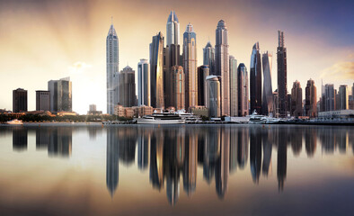 Canvas Print - Dubai skyline Marina with reflecion at colorful sunset, UEA