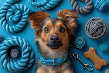 Canvas Print - A pet care flat lay with a leash, treats, and toys for a beloved animal. Concept of pet care and companionship. Generative Ai.