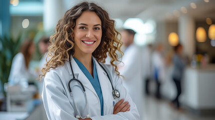 Wall Mural - Portrait of smiling female doctor standing with arms crossed in hospital corridor