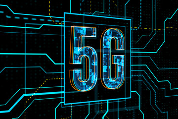 Poster - 5G network representation on a digital grid. Global communication concept. 3D Rendering