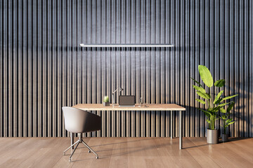 Poster - Contemporary office setup with wooden desk, vertical lines wall texture, and plant. 3D Rendering