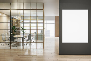 Aufkleber - Modern glass partition, concrete and wooden meeting room interior with empty white mock up poster on wall, windows and city view. 3D Rendering.