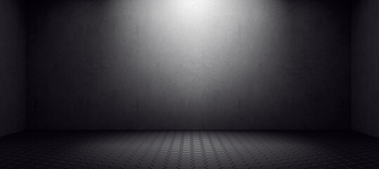 Aufkleber - Empty dark wide concrete interior with mock up place on wall. Gallery and exhibition hall concept. 3D Rendering.