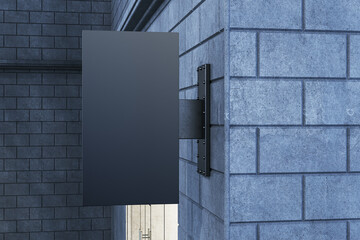 Poster - Empty black mock up banner on gray outdoor tile wall background with shadows. Advertisement and pub concept. 3D Rendering.