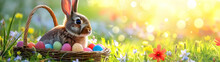 Easter Rabbit And Basket Full Of Colorful Easter Eggs And Spring Flowers On A Meadow With Sun Shining. Horizontal, Banner.