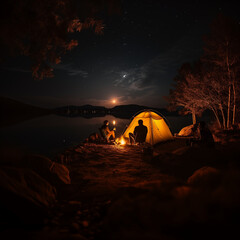 Wall Mural - camping tent river coast night