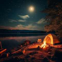 Wall Mural - camping tent river coast night