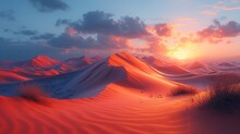 Desert Sonnet - A Sunset's Embrace, Painting Warm Hues On Rolling Sand Dunes With Shadows As Time's Silent Poem. Made With Generative AI Technology