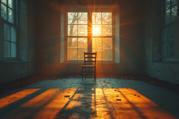 Poster - a sparse room with a single chair near a window, capturing the mood of solitude and introspection. c