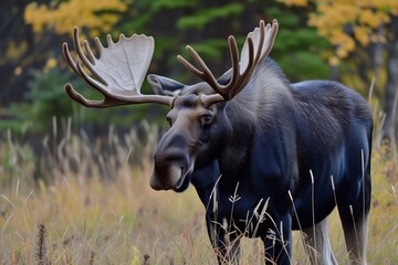 Wall Mural - moose with antlers, tall grass and forest edge