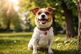 Fototapeta Zwierzęta - Funny Small Jack Russell terrier doggy sitting with tongue out on grass lawn in park, outdoors. Playful little Jack Russell terrier dog playing posing in nature. Pet love concept. Copy ad text space