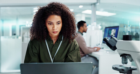 Poster - Woman. laptop and lab for research science or online internet for futuristic discovery, microscope or medicine. Female person, brainstorming and biotechnology for investigation, cure or development