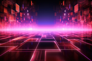 Poster - Abstract futuristic background with pink neon lights. IT, cyberspace, computer data transfer. Perfect for technology and cyber concepts. Virtual reality, artificial intelligence.